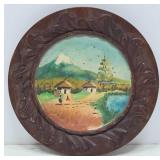 Round Framed Painting With Wood Frame