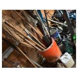 PLASTIC BARREL WITH BROOMS , MOP , ETC PLASTIC BARREL WITH BROOMS , MOP , ETC