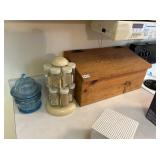BREAD BOX, SPICE RACK, GLASS CANDY DISH