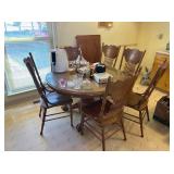 OAK DINING TABLE WITH LEAF, SIX CHAIRS