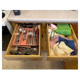 TWO DRAWERS OF FLATWARE, UTENSILS, TOWELS