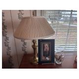 LAMP, FRAMED PRINT, AND VASE