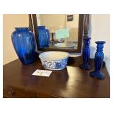 BLUE VASE, CANDLE HOLDERS, AND BOWL BLUE VASE, CANDLE HOLDERS, AND BOWL
