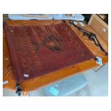 PAINTED LEATHER TAPESTRY WITH WROUGHT IRON HANGER PAINTED LEATHER TAPESTRY WITH WROUGHT IRON HANGER