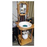 WOODEN WASHSTAND / PITCHER / BOWL / MIRROR