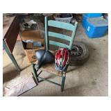 ANTIQUE CHAIR, BIKE HELMET AND SEAT