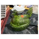 GREEN GLASS HEN ON NEST