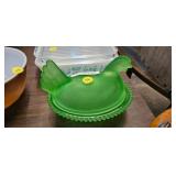 GREEN GLASS HEN ON NEST