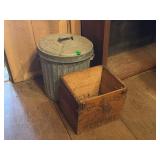 WOODEN CRATE / GALVANIZED TRASH CAN