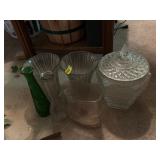 GLASS BISCUIT JAR, VARIOUS VASES