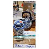 BLUE AND WHITE TEA POT AND GINGER JAR
