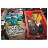 WIRE BRUSHES, EYE HOOKS, TRAY OF GRINDING WHEELS