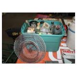 TOTE OF VARIOUS BOTTLES AND FISH BASKET