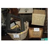BASKET OF FRAMES & 2 METAL PLANTERS