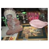 INDIAN CHIEF STATUE,FRAMED PRINT & BOWL