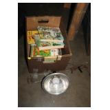 BOX OF BOOKS & HEAT LAMP