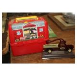 PLAS. RED BARN LUNCH BOX W/THERMOS & METAL TRUCK .