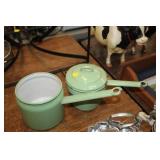 2 VINTAGE GREEN PORCELAN PANS