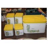 SET OF 4 VINTAGE METAL CANNISTERS & BREAD BOX