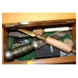 WOODEN BOX WITH ZIPPO LIGHTERS, ETC