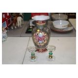 14 IN DECOR VASE AND 2 5 IN CANDLEHOLDERS