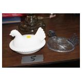 WHITE HEN ON NEST AND BLUE TOP HEN