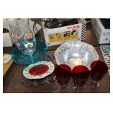 LENOX BOWL(12 ") 3 RED STEMS, PLASTIC PITCHER, ETC