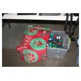 TOTE OF CHRISTMAS LIGHTS AND HOLIDAY RUGS