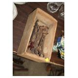 WOODEN BOX OF ANTIQUE WRENCHES