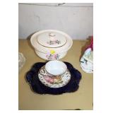 VINTAGE BOWL WITH LID, CUPS AND SAUCERS