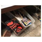 WORK GLOVES, TOTE OF TRACTOR BOOKS, MISC.