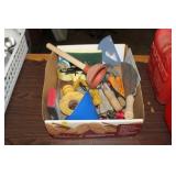 BOX OF MISC, TROWL,STRAPS,FUNNEL,ETC