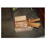 BOX OF WOOD STAKES & WOOD ROUND PIECES