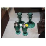 GREEN GLASS SALT/PEPPER & CANDLE STICKS