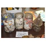 GLASS JARS WITH SEA SHELLS & GLASS ROOSTER