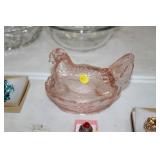 PINK GLASS HEN ON NEST