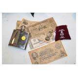 VINTAGE PAPER MONEY & FLASK,ETC