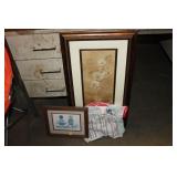 2 FRAMED PRINTS & VINTAGE CHILDS CLOTHS
