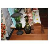 GREEN GLASS LAMP,DECANTER & PIPE RACK