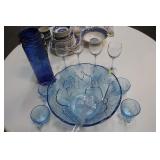 BLUE GLASS PUNCH BOWL,CUPS,STEMS,ETC