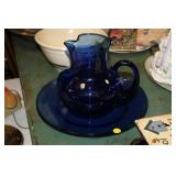 BLUE GLASS PITCHER & PLATTER