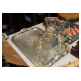 VINTAGE ALUMINUM TRAY WITH DECANTERS