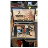 Cigar box of watches & pins,etc