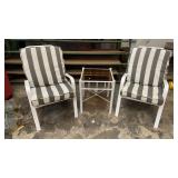 PAIR OF PATIO CHAIRS AND GLASS TOP TABLE