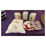 Holiday canisters, plate, towels& oven mitts