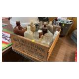 WOODEN CRATE OF VINTAGE GLASS BOTTLES