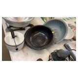 LOT OF ENAMAL BOWLS, KETTLE