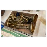 BOX OF BRASS CANDLE HOLDERS