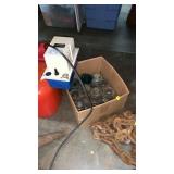 Box of glass insulators & little giant pump
