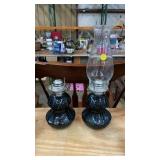PAIR OF OIL LAMPS - ONE MISSING CHIMNEY